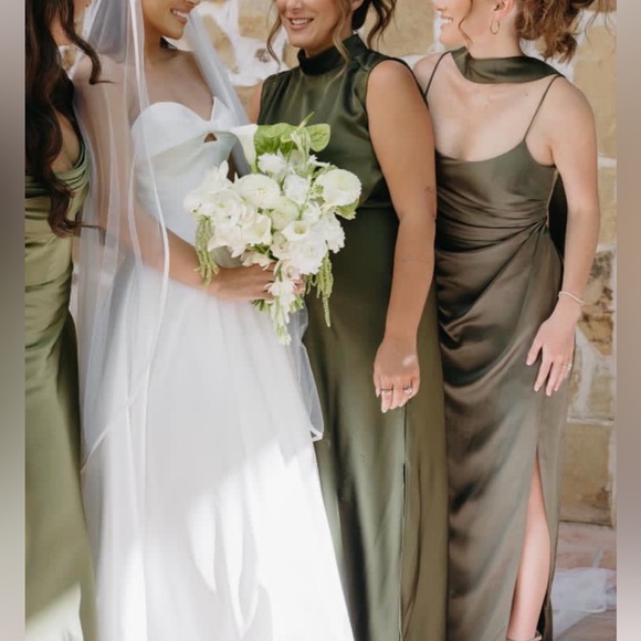 Lulu's Satin High-Neck Olive Green Dress/ Bridesmaid/ Formal dress - Picture 3 of 4